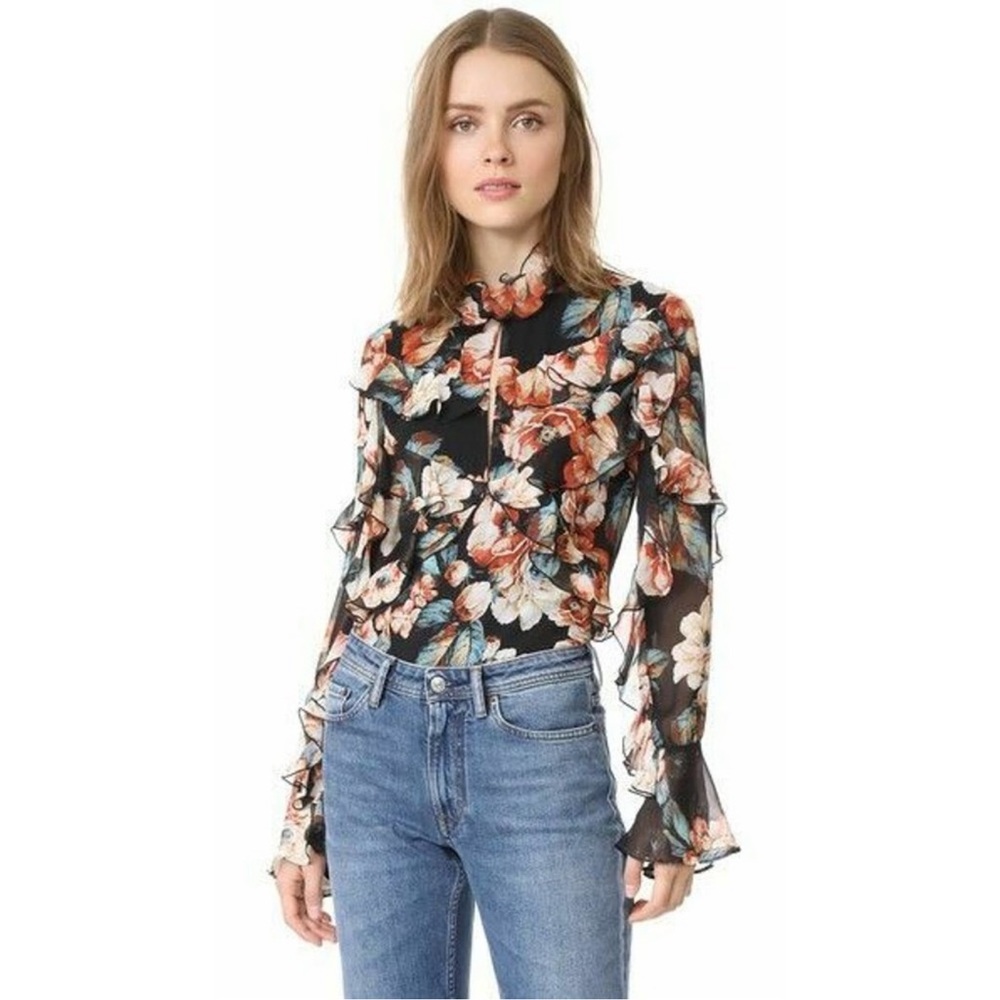 Nicholas Keyhole Silk Long Sleeve Floral Ruffled Blouse